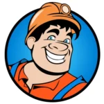 Cartoon illustration of a smiling man with blue eyes, wearing an orange hard hat and orange shirt with blue suspenders, set against a blue circular background.